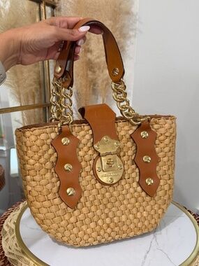 Michael Kors Santorini Woven Raffia Tote Bag with Brown Leather Trim